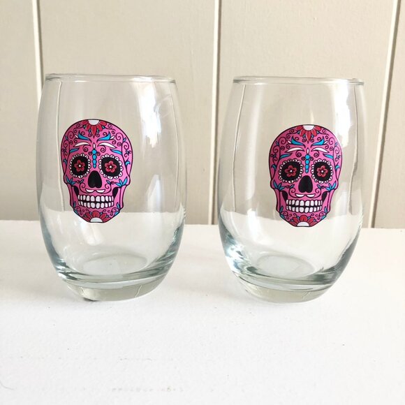Pink Sugar Skull Stemless Wine Glasses Set of 2 Day of The Dead - Picture 1 of 4